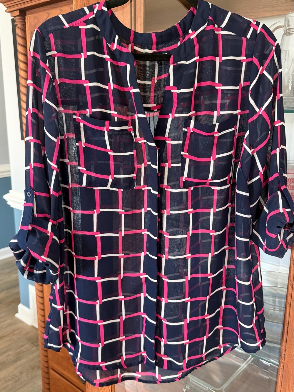 GAP Navy Sheer Windowpane Blouse with Pink & White Grid